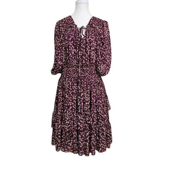 Taylor Boho Purple Floral Ruffled Fit & Flare Dress Size 14 W V-neck Puff Sleeve - Picture 2 of 9